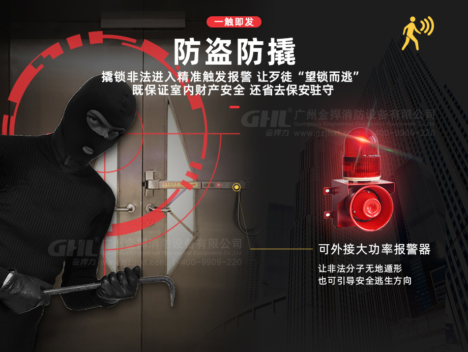 防盜防撬，報警裝置一觸即發(fā)，保證室內(nèi)財產(chǎn)安全，省去保安駐守。