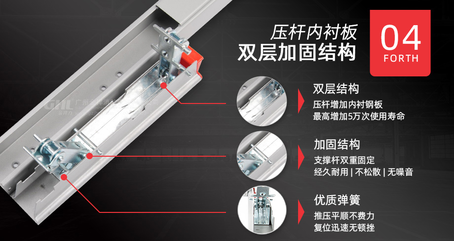 金捍力逃生門鎖壓桿增加內(nèi)襯板結(jié)構(gòu)，雙層加固，壽命更長！