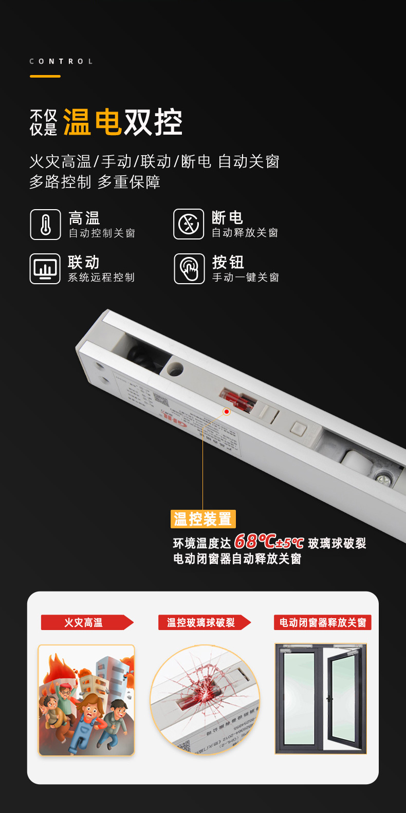 溫電雙控，火災(zāi)自動(dòng)釋放關(guān)閉防火窗